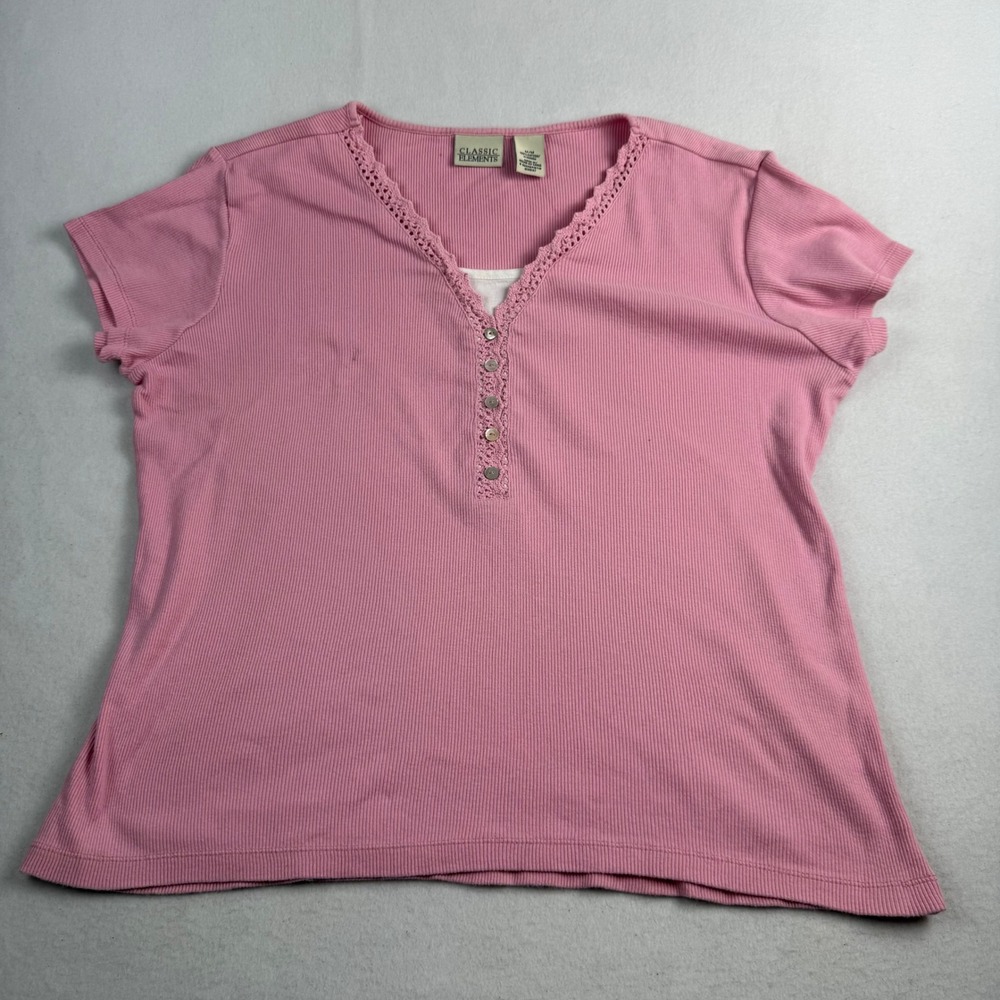 Classic Elements Pink Ribbed Cotton Crochet Trim Short Sleeve Top Size M